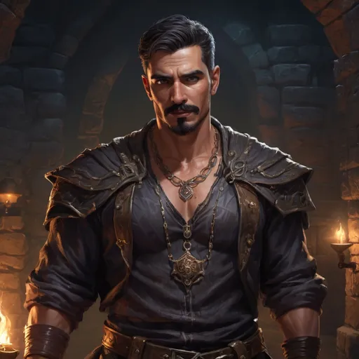 Prompt: Male stocky mature muscular arab sorcerer with short-cut hair and mustache, inside of a dungeon at night, wearing magical necklace, pathfinder, d&d setting, in a realistic high quality digital art style, enhanced shadow quality