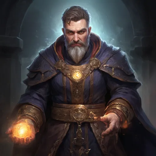 Prompt: (torso) Male stocky large mature arcane-mage with short-cut hair and beard, surrounded by an a light spell inside of a dark dungeon, pathfinder, d&d setting, in a realistic high quality digital art style, enhanced shadow quality, colorful