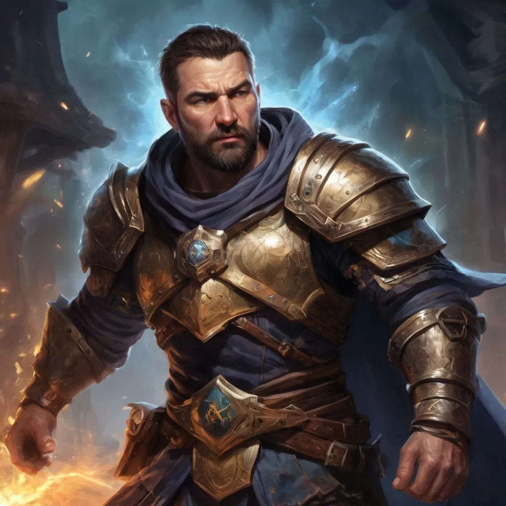 Prompt: (torso) Male stocky large 38-year old battle-mage with short hair and beard, engaged in combat casting an magical shield-spell, villiage under attack at night, in movement, pathfinder, d&d setting, realistic, enhanced shadow quality, colorful