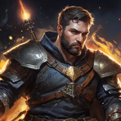 Prompt: Male stocky large fat knight with short-cut hair and beard, open shirt hairy chest, in combat casting a magic-ray out of hands in nature at night, pathfinder, d&d setting, in a realistic high quality digital art style, enhanced shadow quality, colorful