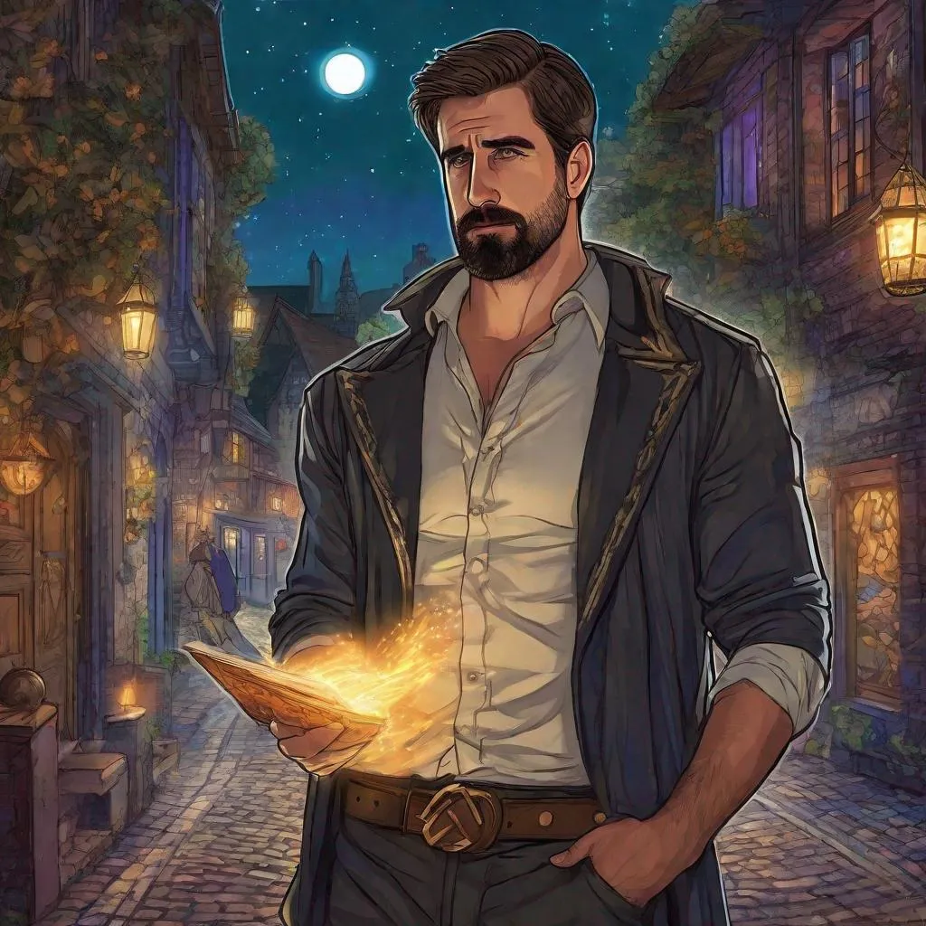 Prompt: (Full body) A male short-haired aaron rodgers with open shirt hairy chest and short beard magic swirl from one open palm, shirt with leaf details, manly, dungeons and dragons fantasy setting, night time in a town street, in a painted style