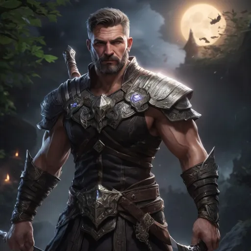 Prompt: male stocky muscular mature summoner with short hair and beard, holding fantasy-weapon, in nature at night, pathfinder, d&d setting, Realistic, Enhanced shadow and light quality