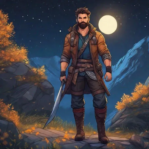 Prompt: A male fighter looks like with short-cut hair and beard, in nature at night, boots, pathfinder, in a detailed realistic digital art style