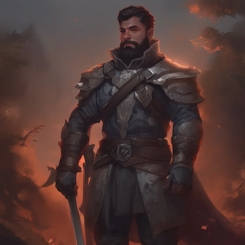 Prompt: (Full body) male manly stocky noble royal guard with dark short-cut hair and beard, in nature at night, pathfinder, d&d setting, in a realistic digital art style