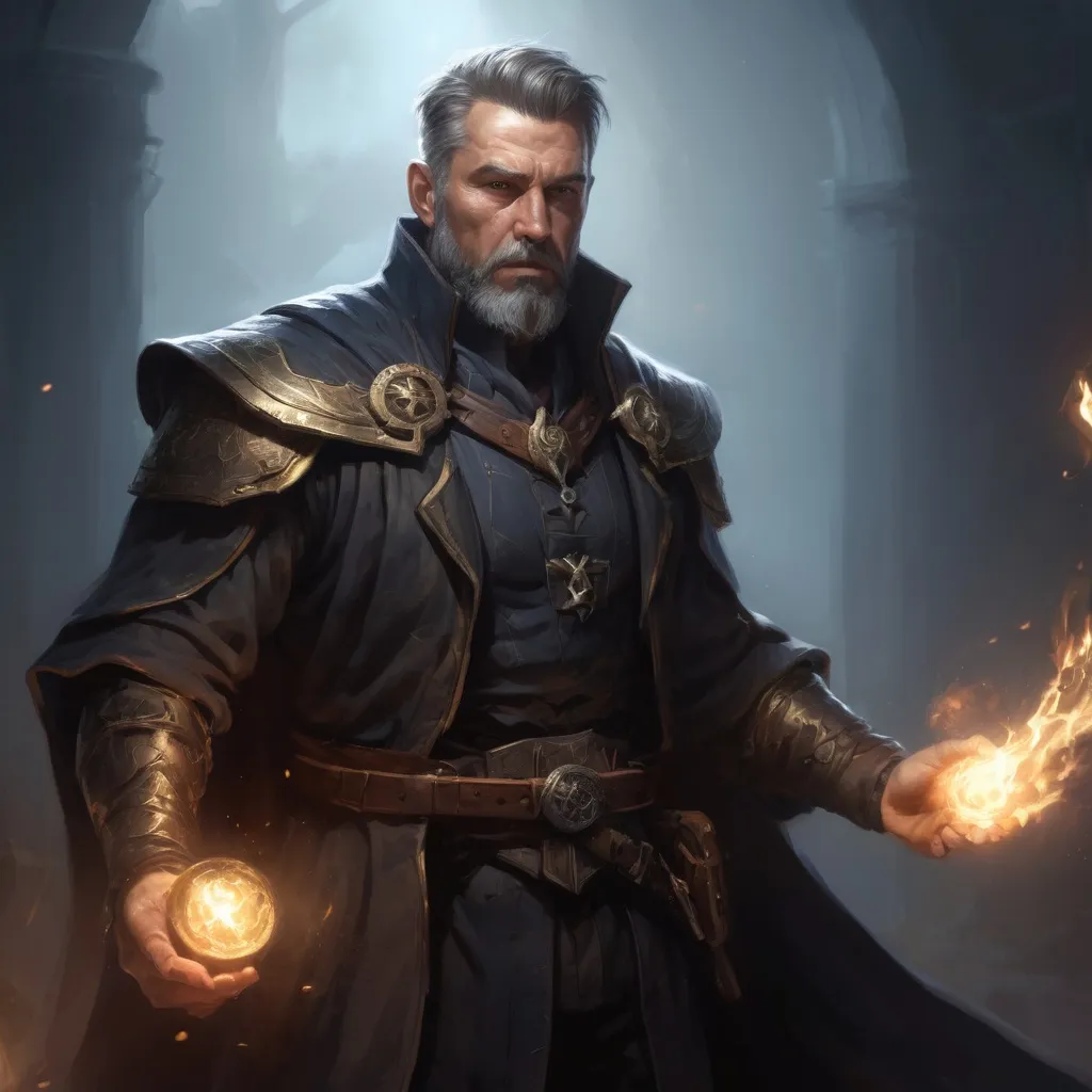 Prompt: Male stocky large mature fit sorcerer with short-cut hair and beard, engaged in combat casting a magical spell in a dark room, pathfinder, d&d setting, realistic high quality, enhanced shadow quality