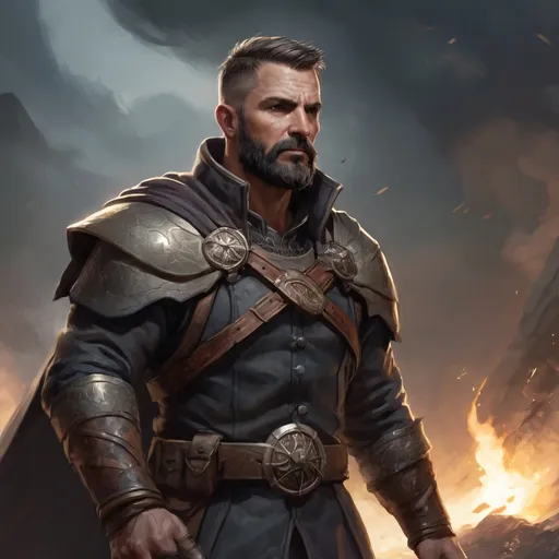 Prompt: Male stocky heavy-set mature illutionist with short-cut hair and beard, on a battlefield, in combat, casting a sage-spell, pathfinder, d&d setting, enhanced shadow quality, realistic