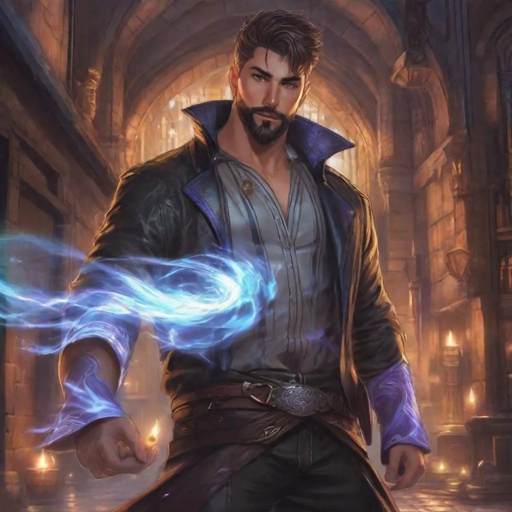 Prompt: (Full body) handsome large beefy young elemental wizard glowing eyes with short cut hair with grey streaks short beard, manly face, leather shirt, open shirt, hairy chest, casting a magic spell, pathfinder, dungeons and dragons, in a dark back street, in a painted style, realistic