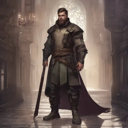 Prompt: (Full body) male stocky young royal noble with short-cut hair and beard, in a dark labratory, pathfinder, d&d setting, in a realistic digital art style