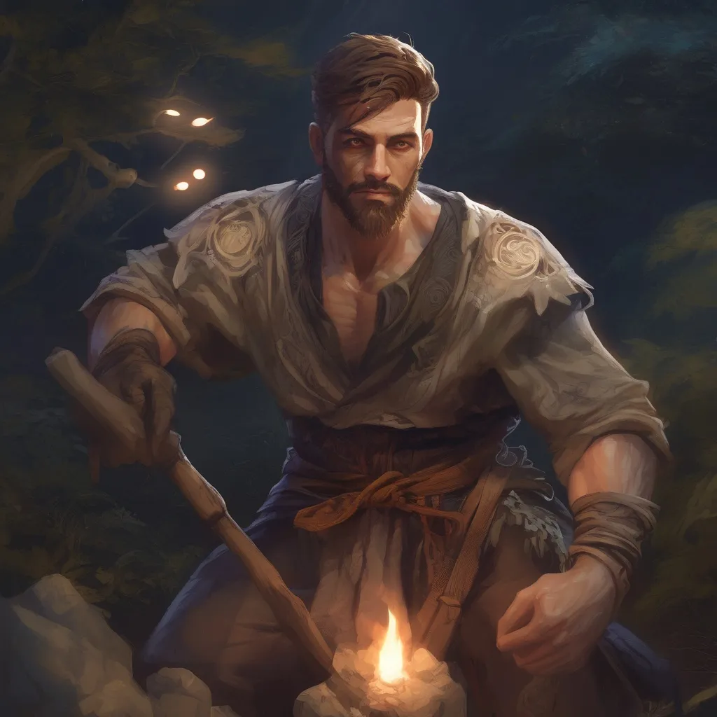 Prompt: (Full body) male muscular summoner with short hair and beard, in nature at night, casting a spell, pathfinder, d&d setting, in a realistic digital art style