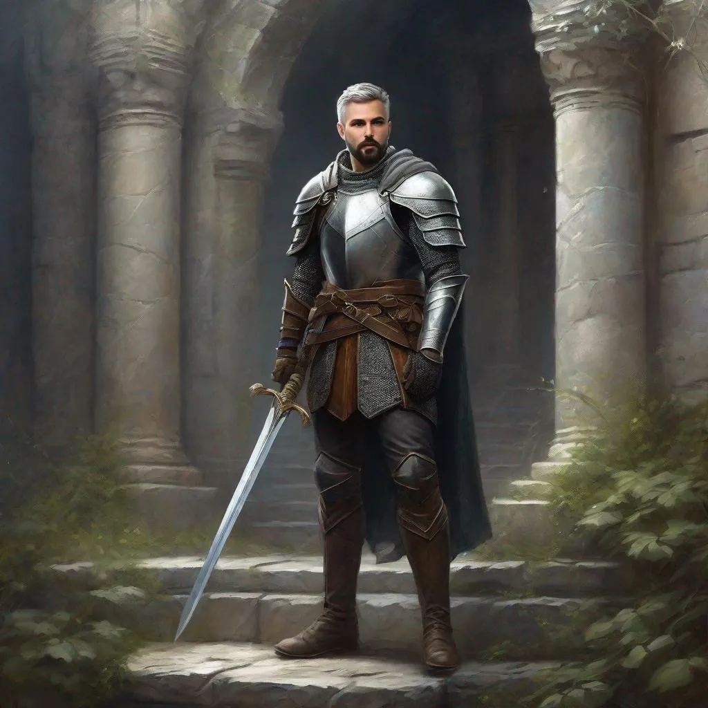 Prompt: (Full body) a great knight with short beard grey short-cut hair, belt, boots, leather pants, holding a sword, standing in a dark overgrown temple ruin, fantasy setting, dungeons & dragons, in a painted style realistic art