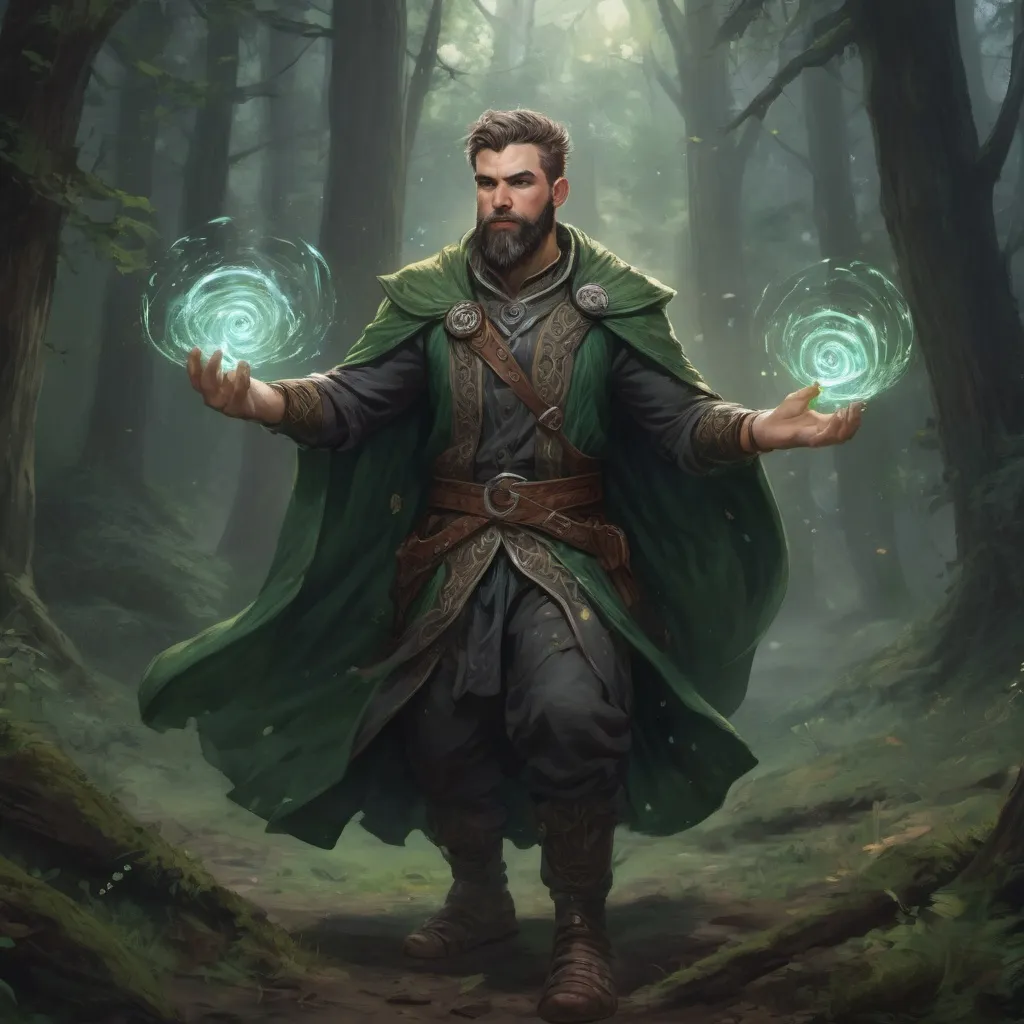 Prompt: (Full body) male stocky large druid with short-cut hair and beard, casting a swirly light-spell, in a dark battle field in a forest, pathfinder, d&d setting, in a realistic high quality digital art style