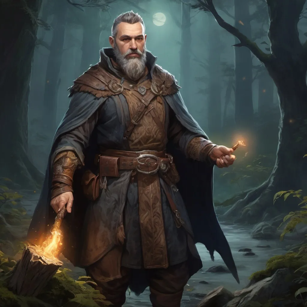 Prompt: Male stocky heavy-set mature druid with short-cut hair and beard, nature-clothes, casting a spell in combat outside of fantasy forest at night, pathfinder, d&d setting, in a realistic high quality digital art style, enhanced shadow quality