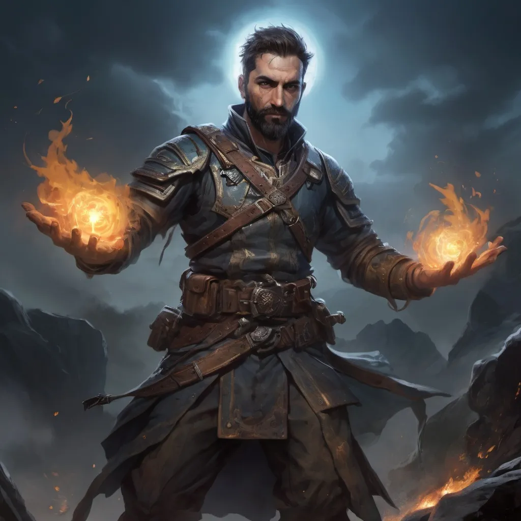 Prompt: Male heavy-set mature fit arcanist with short-cut hair and beard, casting healing-magic out of hands on a wounded male warrior, in a windy battlefield at night, pathfinder, d&d setting, enhanced shadow quality
