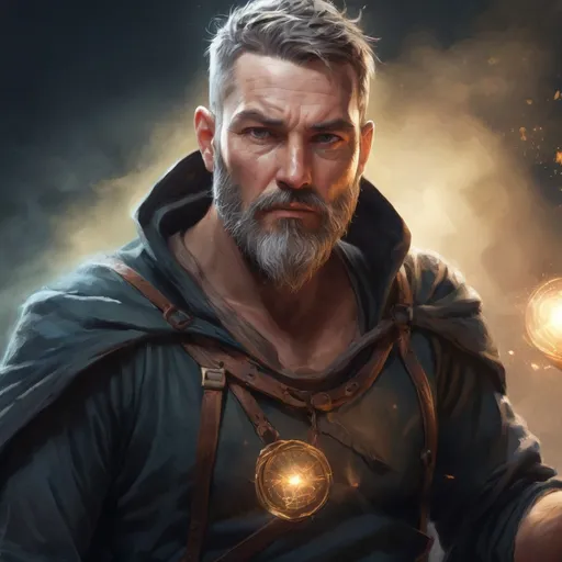 Prompt: (head and torso) Male stocky fit 40-year old handsome druid with short-cut hair and beard, holding magic-spell, in a windy nature at night, pathfinder, d&d setting, enhanced shadow quality