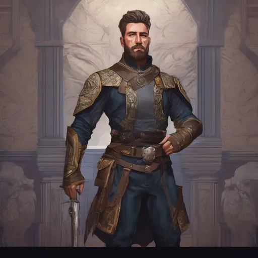 Prompt: (Full body) male stocky young royal noble with short-cut hair and beard, in a dark room, pathfinder, d&d setting, in a realistic high quality digital art style