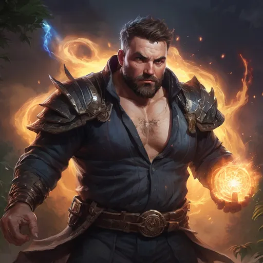 Prompt: Male stocky large fat sorcerer with short-cut hair and beard, open shirt hairy chest, in combat casting a magic-ray out of hands in nature at night, pathfinder, d&d setting, in a realistic high quality digital art style, enhanced shadow quality, colorful