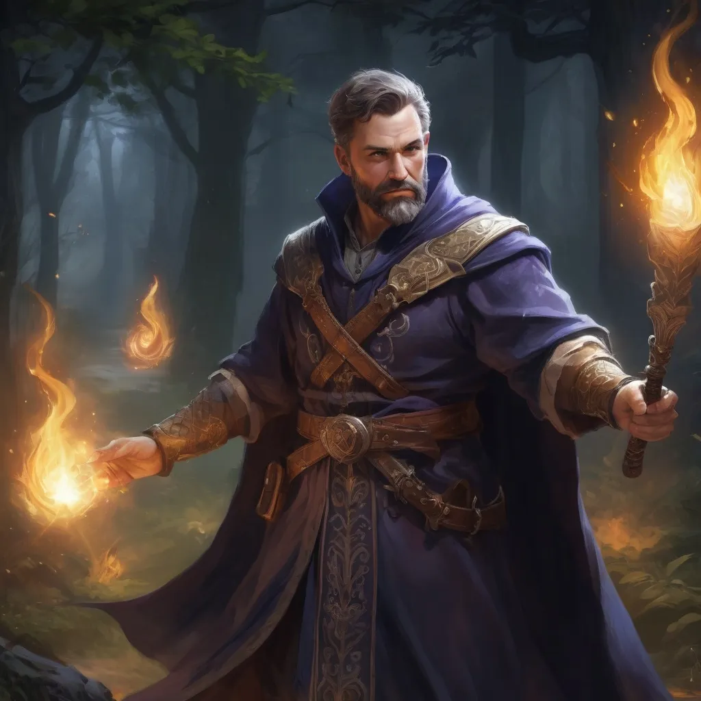 Prompt: Male stocky heavy-set mature summoner with short-cut hair and beard, magical glowing robes, casting a spell in combat outside of fantasy forest at night, pathfinder, d&d setting, in a realistic high quality digital art style, enhanced shadow quality