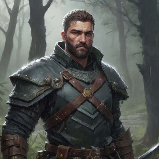 Prompt: Male stocky heavy-set warrior with short-cut hair and beard, in a thicket battlefield in a rainstorm, pathfinder, d&d setting, in a realistic high quality digital art style, enhanced shadow quality, colorful