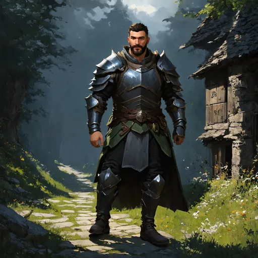 Prompt: (Full body) male warrior with short hair and beard, in dark grey and forest-green armor, exploring a dark fantasy villiage by a forest, pathfinder, d&d setting, in a detailed digital art style