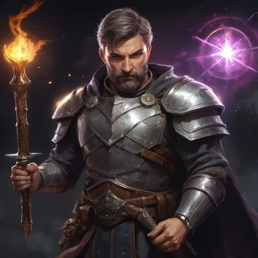 Prompt: (torso) Male stocky mature magical crusader with short-cut hair and beard, on a battlefield at night, in combat, holding a magic weapon, bright aura, pathfinder, d&d setting, in a realistic high quality digital art style, enhanced shadow quality