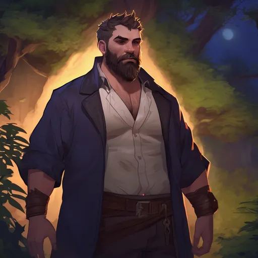 Prompt: (Full body) male stocky big-chested hairy-chested warlock with short hair and beard, open shirt, in nature at night, pathfinder, d&d setting, in a realistic digital art style