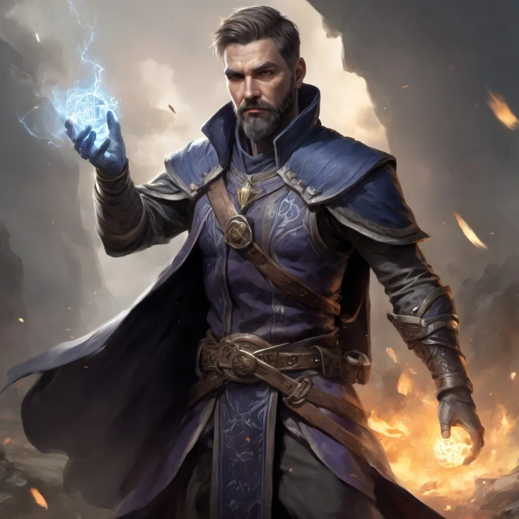 Prompt: (whole body) Male heavy-set handsome fit war-mage with short-cut hair and beard, holding magic-spell, in a windy battlefield, pathfinder, d&d setting, enhanced shadow quality