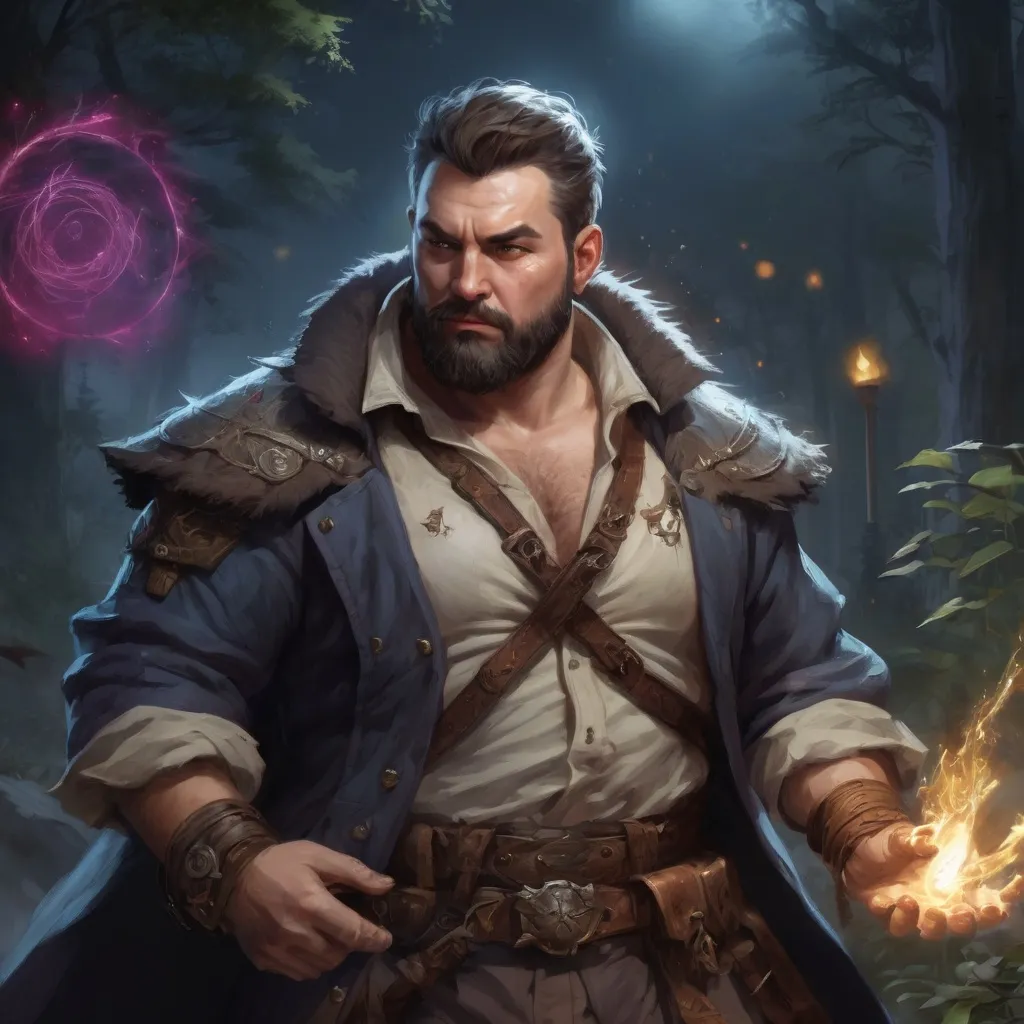 Prompt: Male stocky large fat sorcerer with short-cut hair and beard, open shirt very-hairy chest, in combat casting a magic-ray out of hands in nature at night, pathfinder, d&d setting, in a realistic high quality digital art style, enhanced shadow quality, colorful