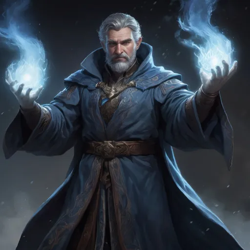 Prompt: Male stocky heavy-set mature sorcerer with short-cut hair and beard, magical robe, casting a magical frost-spell out of hands, on a batle field at night, pathfinder, d&d setting, in a realistic high quality digital art style, enhanced shadow quality