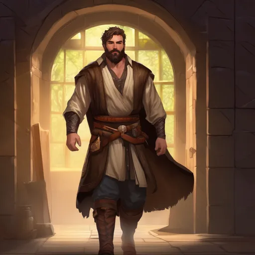 Prompt: (Full body) male stocky hairy-chested druid with short hair and beard, open shirt, in a dark hall, pathfinder, d&d setting, in a realistic digital art style