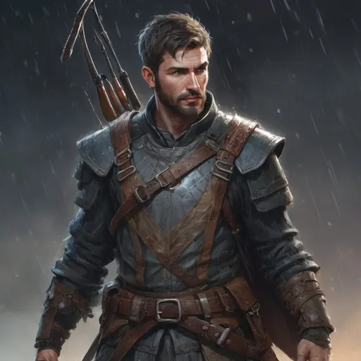 Prompt: Male stocky heavy-set hunter-archer with short-cut hair and beard, on a battlefield in a rainstorm, pathfinder, d&d setting, in a realistic high quality digital art style, enhanced shadow quality, colorful
