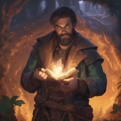 Prompt: (Full body) male stocky handsome beefy conjurerer with short-cut hair and beard, casting a swirly magic spell, in a forest cave at night pathfinder, d&d setting, in a realistic high quality digital art style