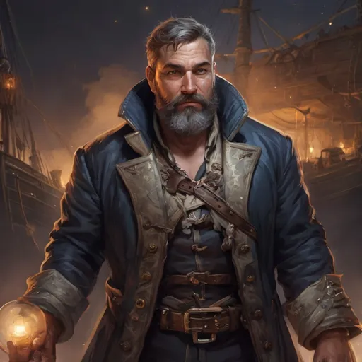 Prompt: male stocky heavy-built large fat mature pirate captain with short hair and beard, wearing magic coat, on a ship by land at night, pathfinder, d&d setting, in a realistic high quality digital art style