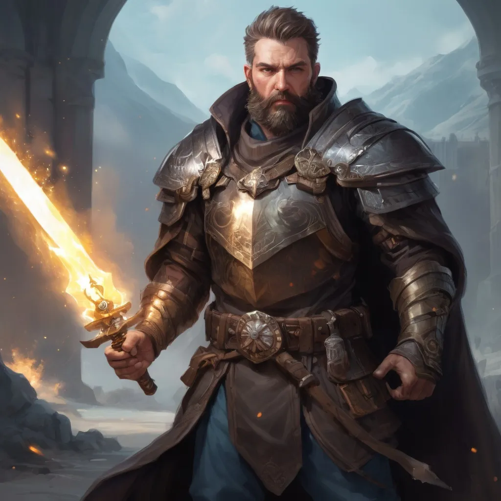 Prompt: Male stocky heavy-set mature magical guardian with short-cut hair and beard, on a battlefield, in combat, holding a magic-sword, pathfinder, d&d setting, in a realistic high quality digital art style, enhanced shadow quality, colorful