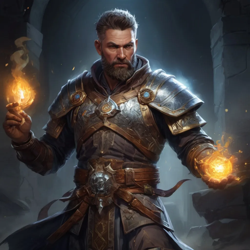 Prompt: Male stocky large mature cleric with short-cut hair and beard, engaged in combat casting a prismatic-light spell inside of a dark dungeon, pathfinder, d&d setting, in a realistic high quality digital art style, enhanced shadow quality, colorful