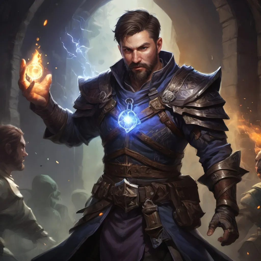 Prompt: Male stocky large battle-mage with short-cut hair and beard, engaged in combat casting a brightlight-spell inside of a dark dungeon, pathfinder, d&d setting, in a realistic high quality digital art style, enhanced shadow quality, colorful