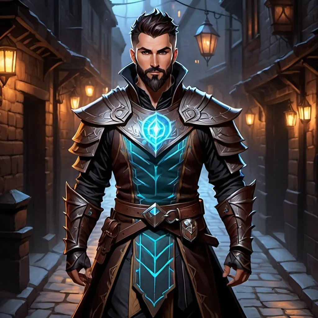 Prompt: (Full body) handsome arcane trickster glowing eyes with short cut hair beard, scar, manly face, dark light armor, pathfinder, dungeons and dragons, in a dark back street, in a painted style, realistic