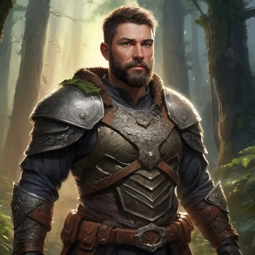 Prompt: Male stocky heavy-set mature fantasy-druid with short-cut hair and beard, nature-armour, outside of fantasy forest at night, pathfinder, d&d setting, in a realistic high quality digital art style, enhanced shadow quality