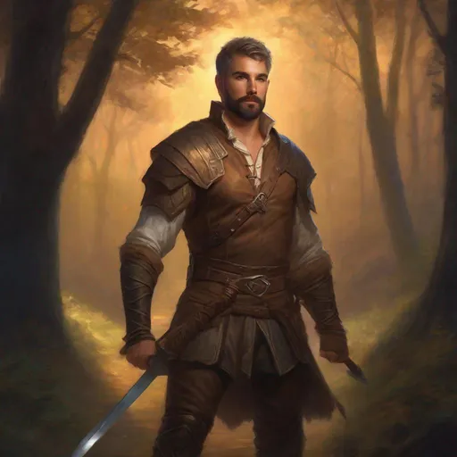 Prompt: (Full body) A male bare chested hairy fighter short-cut salt and pepper hair with short-beard manly face, pathfinder, faint lights in the background, holding sword, dungeons and dragons, brown boots, fantasy setting, standing in a forest glade at night, in a painted style realistic art