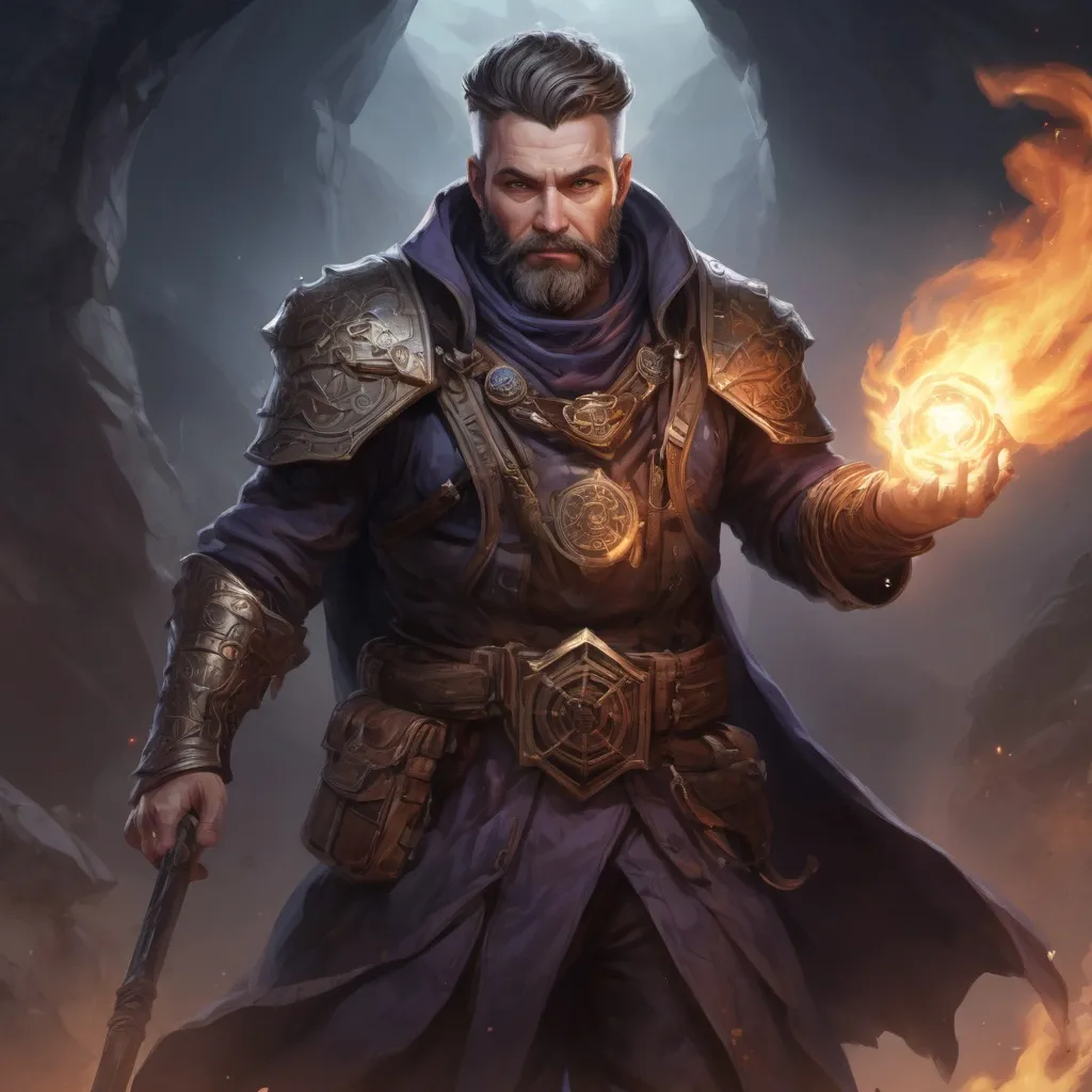 Prompt: Male stocky heavy-set mature arcane-arcanist with short-cut hair and beard, on a battlefield, in combat, holding a astral-spell, pathfinder, d&d setting, in a realistic high quality digital art style, enhanced shadow quality, colorful