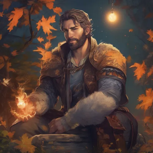 Prompt: (Full body) male stocky big-chested young transmuter with striped short hair and beard, hairy chest, casting swirly bright spell, in nature at night, pathfinder, d&d setting, in a realistic high quality digital art style