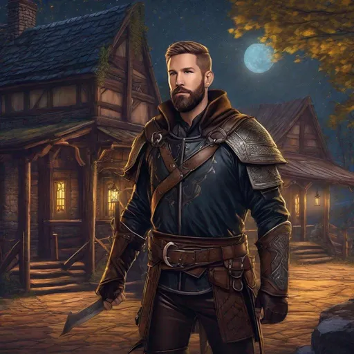 Prompt: (Full body) calvin harris as a ranger in leather armor, bearded, short hair, fantasy setting, boots, belt, standing outside a tavern in the woods at night, in a realistic digital art style