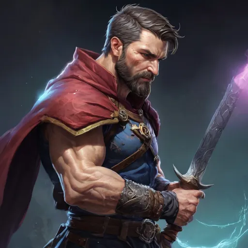 Prompt: (torso) Male stocky large 38-year old battle-mage with short hair and beard, engaged in combat casting an magical arcane-spell, villiage under siege at night, in movement, pathfinder, d&d setting, realistic, enhanced shadow quality, colorful