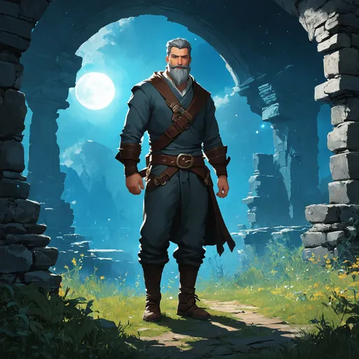 Prompt: (Full body) male alchemist with grey short hair and beard, belt and pants, exploring ruins at night, pathfinder, d&d setting, in a digital art style