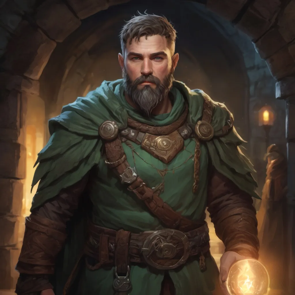 Prompt: Male stocky heavy-set fantasy-druid with short-cut hair and beard, outside of fantasy dungeon at night, pathfinder, d&d setting, in a realistic high quality digital art style, enhanced shadow quality
