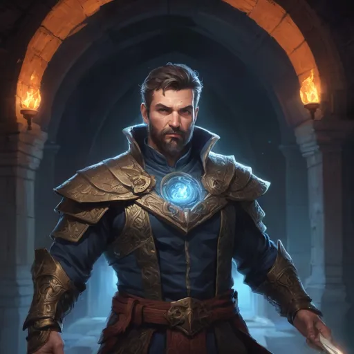 Prompt: (torso) Male stocky mature summoner with short-cut hair and beard, inside of a magical temple dungeon at night, summoning an magic eidolon-creature, pathfinder, d&d setting, in a realistic high quality digital art style, enhanced shadow quality