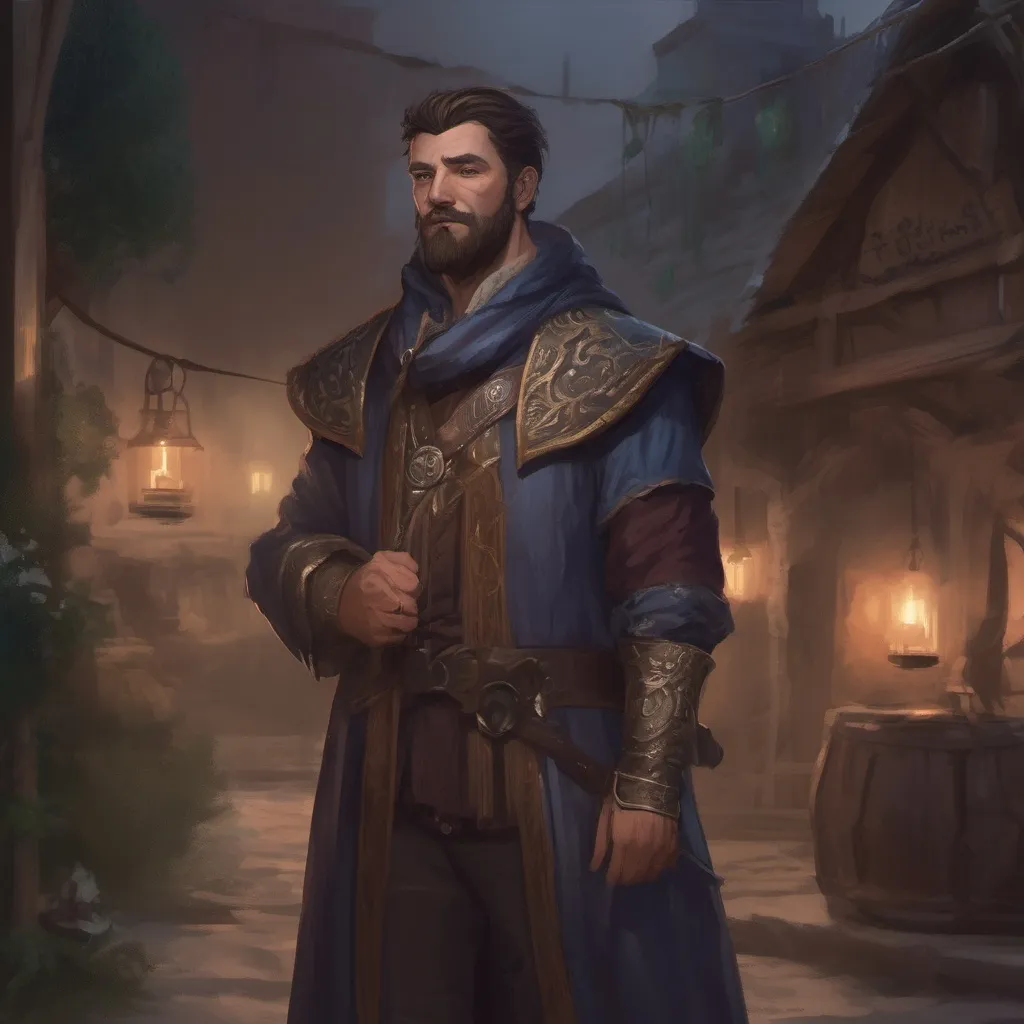 Prompt: (Full body) male manly stocky magical alchemist with dark short-cut hair and beard, in small village at night, pathfinder, d&d setting, in a realistic digital art style