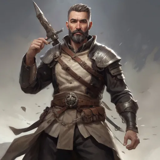Prompt: (torso) Male heavy-set mature fit bard with short-cut hair and beard, holding fantasy-weapon , in a windy battlefield, pathfinder, d&d setting, enhanced shadow quality