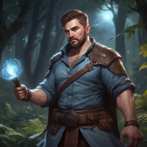 Prompt: Male stocky large fat cleric with short-cut hair and beard, open shirt hairy chest, in combat casting a magic-ray out of hands in nature at night, pathfinder, d&d setting, in a realistic high quality digital art style, enhanced shadow quality, colorful