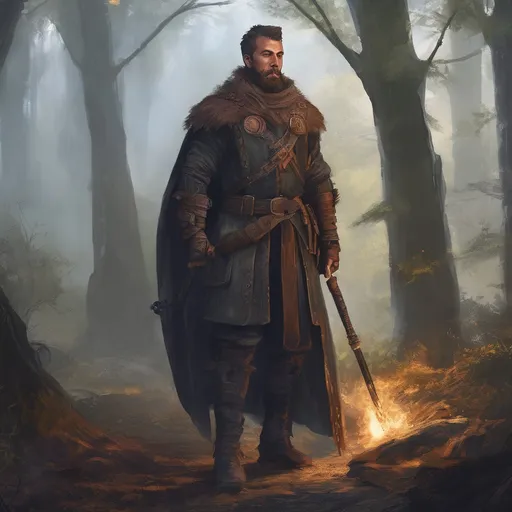 Prompt: (Full body) male stocky nowegian nature-druid with short hair and beard, holding magic staff, leather armour with leaf-details, in a dark dungeon with trees, pathfinder, d&d setting, in a realistic digital art style