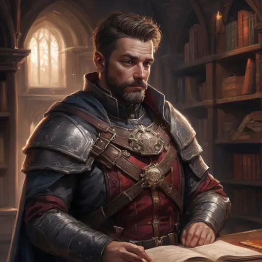Prompt: Male stocky mature noble marksman, with short hair and beard, in a dark library in a castle, pathfinder, d&d setting, in a realistic high quality digital art style, enhanced shadow quality, colorful